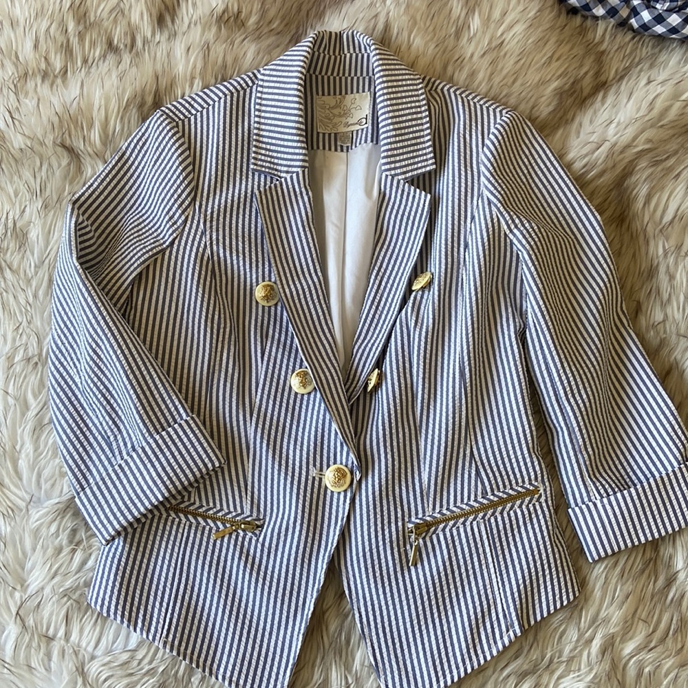 Blue/white striped blazer with gold buttons